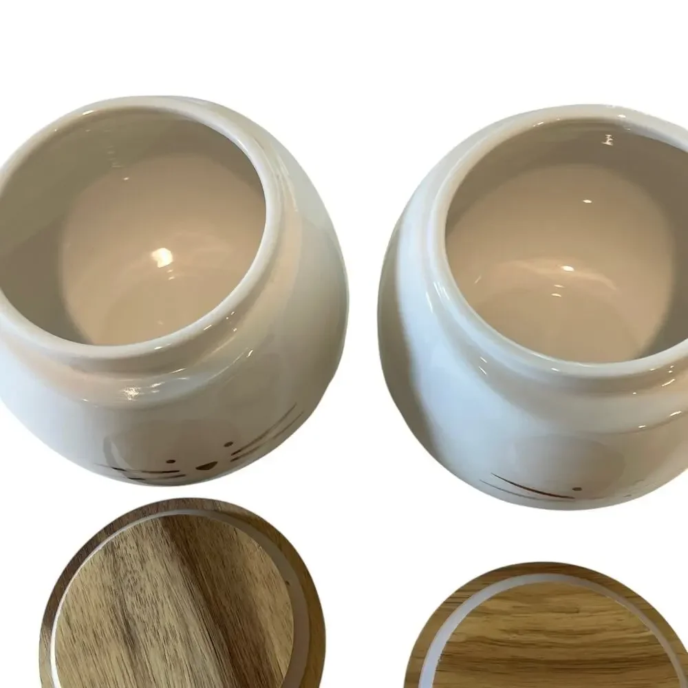 Set of 2 Ceramic Cat Treat Jars Bamboo Lids White Gold Whiskers Pet Canisters